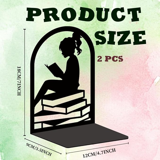 INFUNLY Lady Reading Bookends Decorative Metal Book Ends for Shelves 4.7"×7.1" Non-Skid Heavy Duty Bookends Unique Office Desk Book Stand for Heavy Book Black Book Stopper to Hold Books for Women Gift