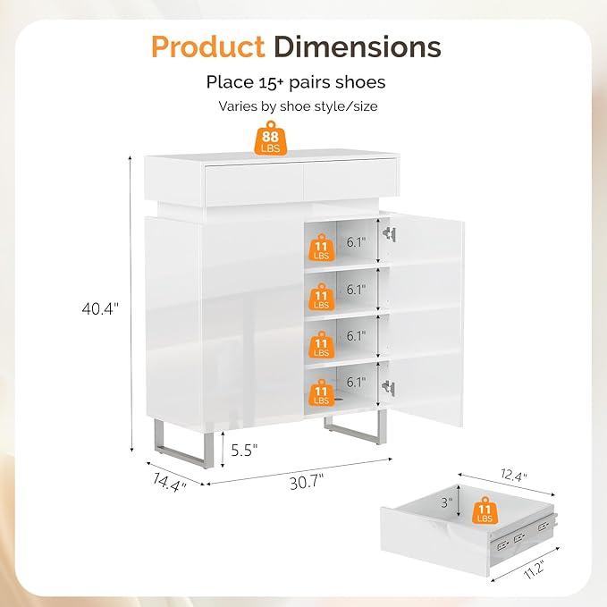 VINGLI Modern White Shoe Cabinet with LED Lights, High Gloss Entryway Shoe Storage Organizer with 2 Drawers & Adjustable Shelves, Freestanding Hidden Shoe Rack for 15+ Pairs, 30.7" W