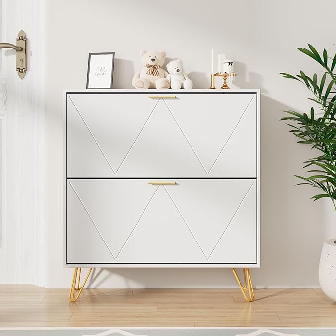 CARPETNAL Shoe Cabinet for Entryway Slim, White Shoe Storage Cabinet with 2 Flip Drawers, Narrow Shoe Rack Cabinet, Freestanding Shoe Cabinet Organizer with Metal Handle and Legs for Entryway, Hallway