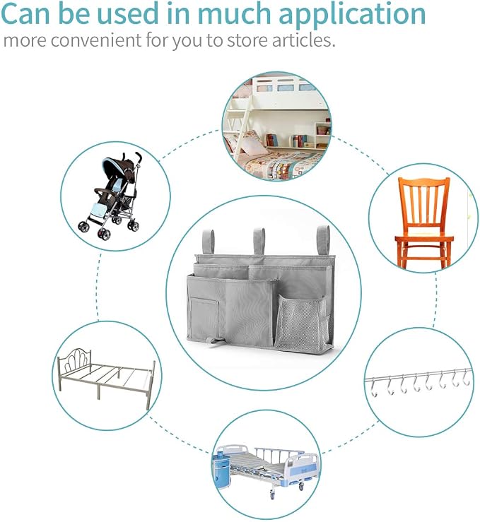 Bseash Bunk Bed Organizer, Bedside Caddy Hanging Bed Organizer Storage Bag 8 Pockets, for College Dorm Rooms Bed, Hospital Bed, Baby Bed Rails, 600D Oxford Cloth (Gray)