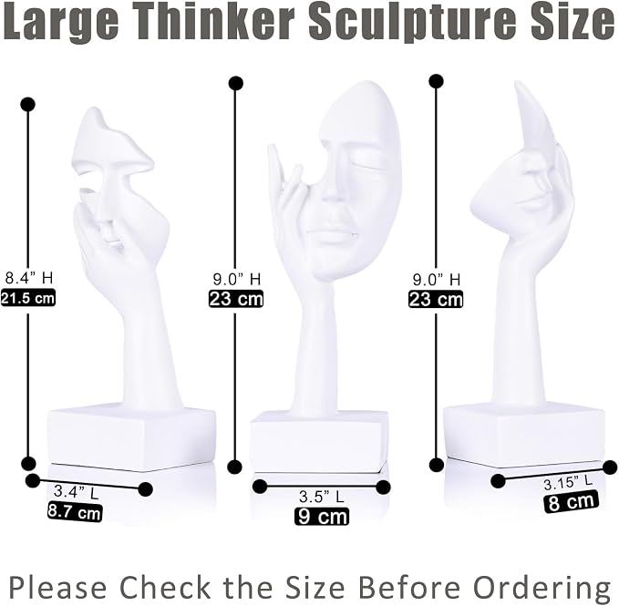 3 Pcs Thinker Large Statue Set - White Art Abstract Home Accent Figurines for Living Room, Bedroom, Shelves, Office Desktop, Coffee Table Decor, Gift for Women (3 Pcs White, 9")