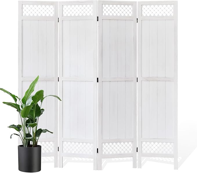 Privacy Screen Room Divider Panel - 67 Inch Tall Natural Wood Folding Partition Room Dividers, No-Assembly Required, Enhance Privacy and Aesthetic Appeal, Ideal for Home or Office White 4 Panel