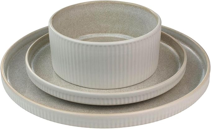 Sango 12 Pieces Stoneware Fluted Dinnerware Set, Modern Cream Dishes for 4, Premium Serving Plates and Bowls Sets, Chip & Scratch Resistant, Ceramic Kitchen Dish, Microwave & Dishwasher Safe, Anderson