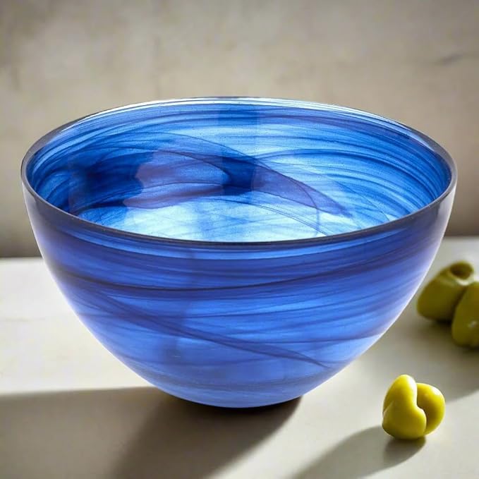 Elegant and Modern Murano Style Art Glass Colorful Centerpiece Rounded Bowl for Home Decor - Cobalt Blue Alabaster Glass, 6"