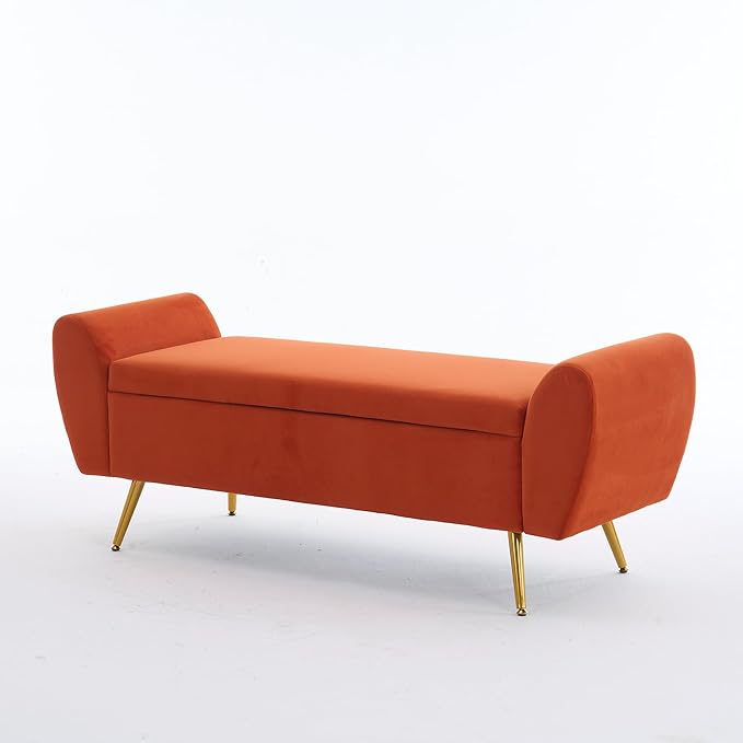 Storage Bench for Bedroom, 55" Extra Long Bench for King Size Bed, Modern Upholstered End of Bed Ottoman Bench with Arms for Entryway Living Room (Velvet, Orange)
