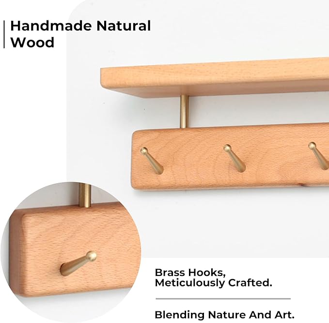 Wall Mounted Coat Rack with Shelf, Wooden Entryway Organizer with 8 Hooks, Wall Shelf with Hooks for Hallway, Bedroom, Bathroom (Beech, 24.41inch/62cm)
