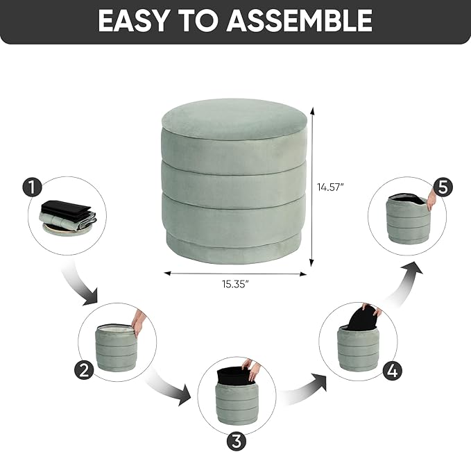 15" Upholstered Round Velvet Ottoman with Storage | Foldable Foot Rest Ottoman with Wooden Tabletop, Decorative Home Furniture for Living Room & Bedroom-SAGE