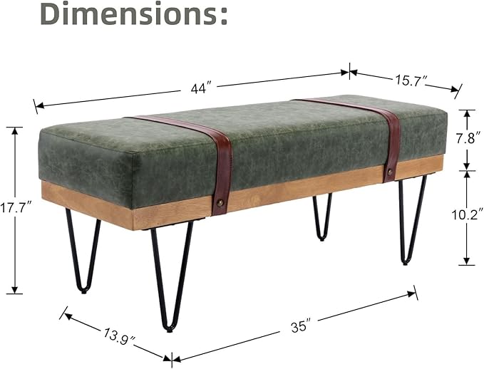 LukeAlon 44" Green PU Leather Ottoman Bench, Modern Upholstered Storage with Industrial Hairpin Legs for Entryway, Bedroom & Living Room Christmas Green