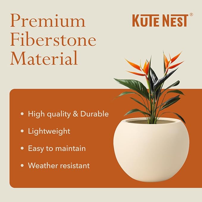 KUTE NEST 12.8" H x 16" D Premium Globo Fiberstone Round Planter with Drainage Hole, Weather Resistant for Indoor and Outdoor Use, Included 2 Extra Coco Mats (Kilim Beige, 10.7" Pot Opening)