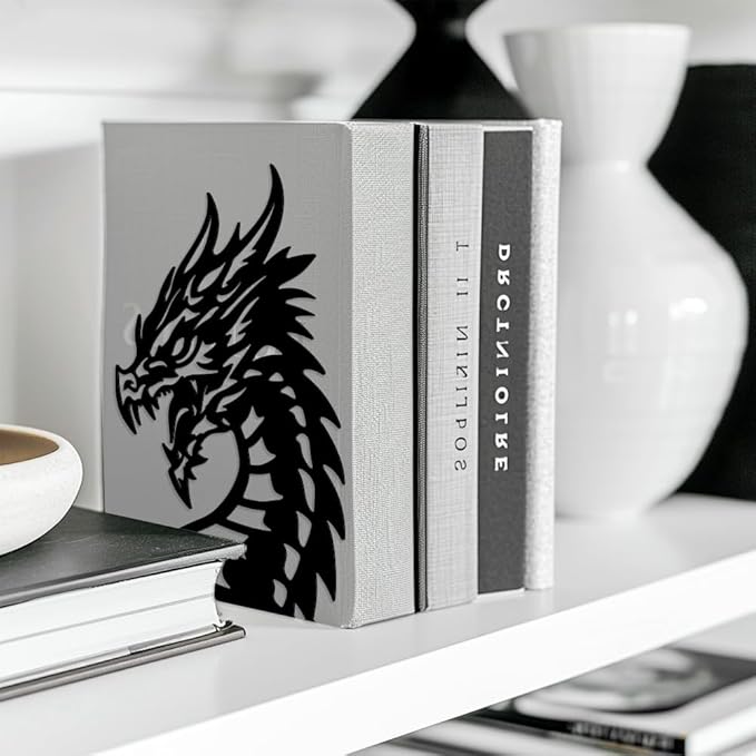 Peacoblue Metal Bookends for Shelves, Modern Decorative Heavy Duty Study Book Support Stoppers for Office, Desk, Shelf, Room 5.3"x4.3"x7.9" Cast Iron Simple Tall Bookends, 1 Pair (Dragon Head)