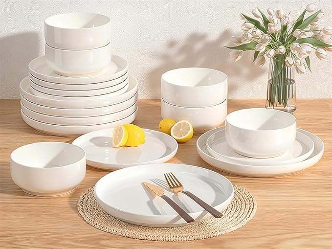 Plates and Bowls Sets, Dinnerware Sets for 4, 12 Pieces Scratch Resistant Dishware Dishes Set, Ceramic Kitchen Dinner Set, Porcelain & Microwave and Dishwasher Safe, Cream White