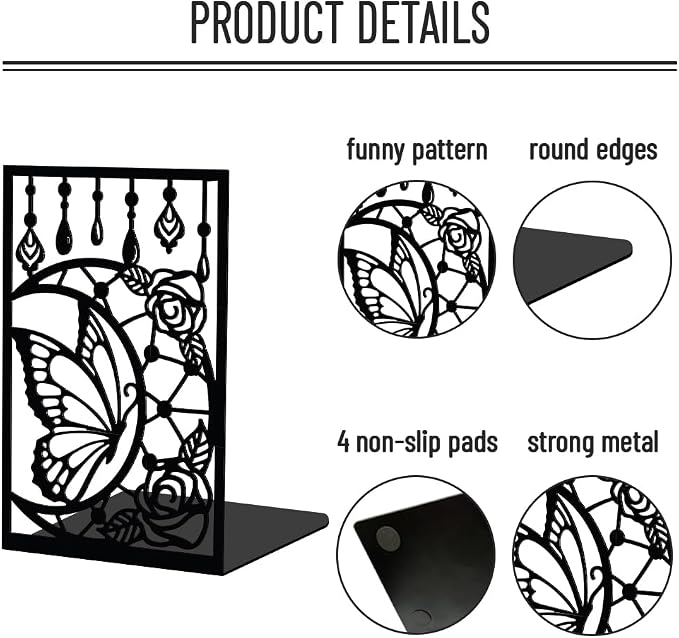 WADORN 1 Pair Moon Butterfly Rose Metal Decorative Bookend for Shelves, Heavy Duty Book Ends Modern Non-Skid Books Holder Stand Black Book Support Stoppers for Desk Bookshelf Office, 5.3x4.3x7.9 Inch