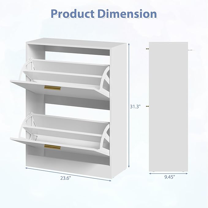 Shoe Cabinet Storage for Entryway, White Shoe Organizer with 2 Flip Drawers & Open Shelf, Freestanding Hidden Large Shoe Storage Cabinet (1pc-White, 2 Flip Drawers)