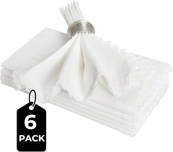 White Cotton Cloth Dinner Napkins 20x20 with Lace Trim Set of 6– Elegant Wedding & Cocktail Table Napkins, Mitered Corners, Machine Washable Fabric, Reusable,