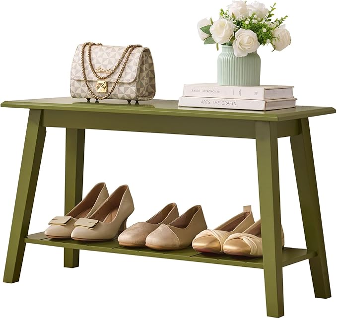 Kings Brand Furniture Delphi Wood Entryway Bench with Storage Shelf – Modern Accent Seating for Hallway, Bedroom, Living Room or Narrow Space-Saving Shoe Bench (Avocado)
