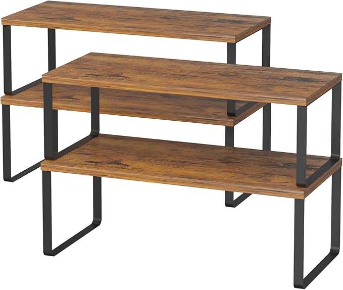 NEX Kitchen Cabinet and Counter Shelf Organizer, Stackable & Expandable, Set of 4, Black and Rustic Brown - 7.7 x 15.6 x 6.2''