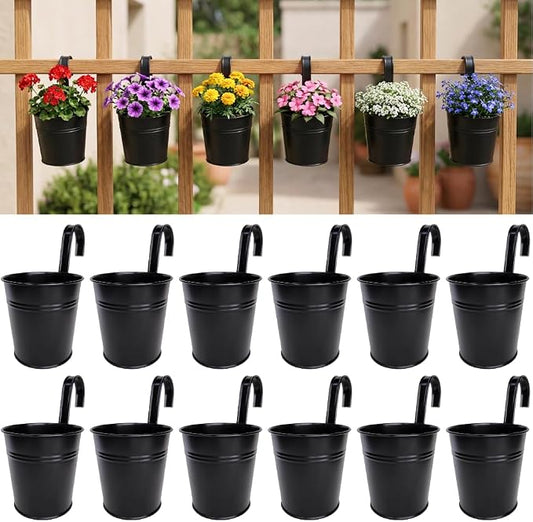 LaLaGreen Rail Planter (6 Inch, 12 Pack) Black Metal Hanging Flower Railing Fence Balcony Gardening for Apartment Patio Planters Outdoor Deck Modern Decoration Garden Style Iron Porch Decor Pots