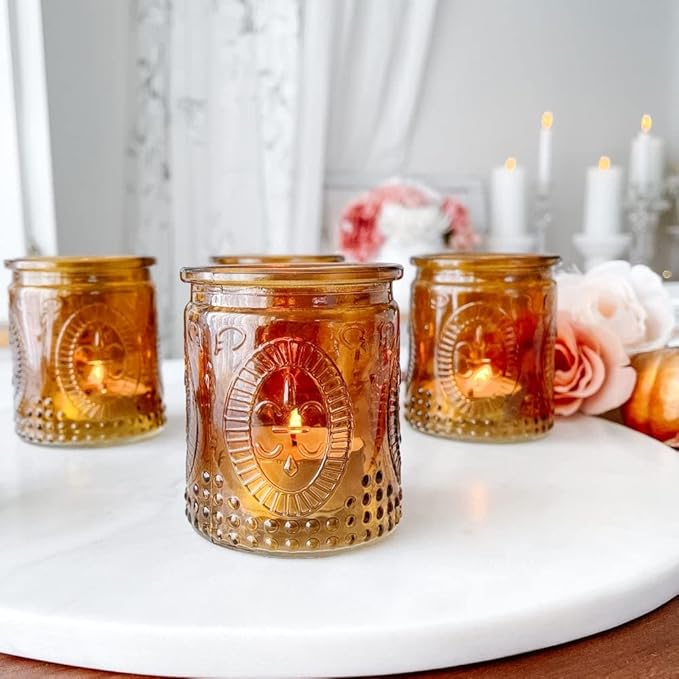 Amber Tea Light Holder - 24pcs - Vintage Glass Tealight Candle Holders by Kate Aspen, Home Décor Table Decoration Favors Gifts for Wedding, Bachelorette, Bridal Shower & Baby Shower Party