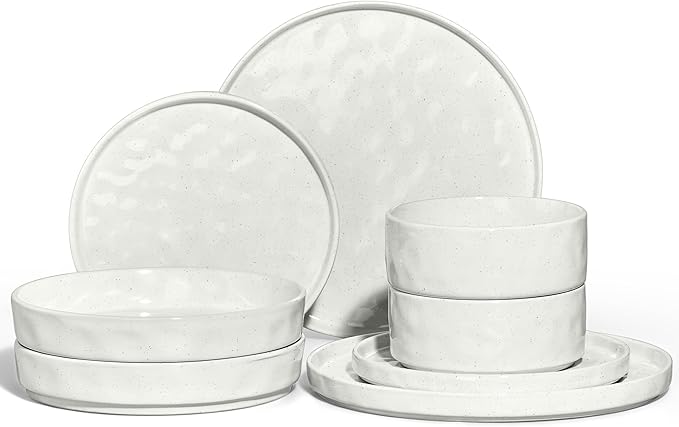 E-far 8-Piece Plates and Bowls Sets with Pasta Bowls - Stoneware Dinnerware Set for 2, Modern Ribbed Speckled White Dishes, Microwave & Dishwasher Safe