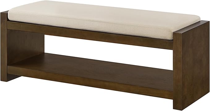 Accent Bench with Lower Shelf Shoe Rack, Padded Seating Bench for Living Room, Modern Compact Bed End Bench with Storage for Bedroom Seating, Removable Cushion (Ivory, 47" L)
