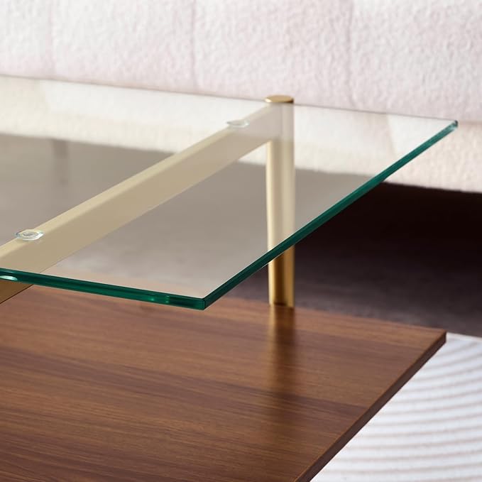 LumFurn Rectangle Coffee Table, Mid-Century Modern Design, L41 W21 x H17, for Living Room, 2-Tier Structure, Clear Glass Top and Walnut MDF Shelf, Sleek Conical Metal Legs with Gold Finish