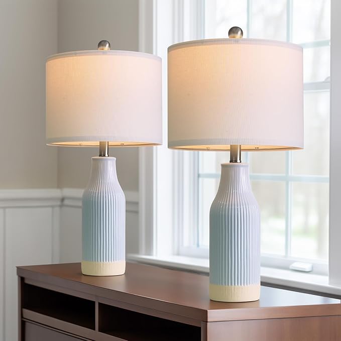 USumkky 23.75inch Light Blue Modern Ceramic Bedside Lamp Set of 2 with 5FT Cord for Bedroom Decor Farmhouse Table Lamp for Living Room Office Dorm