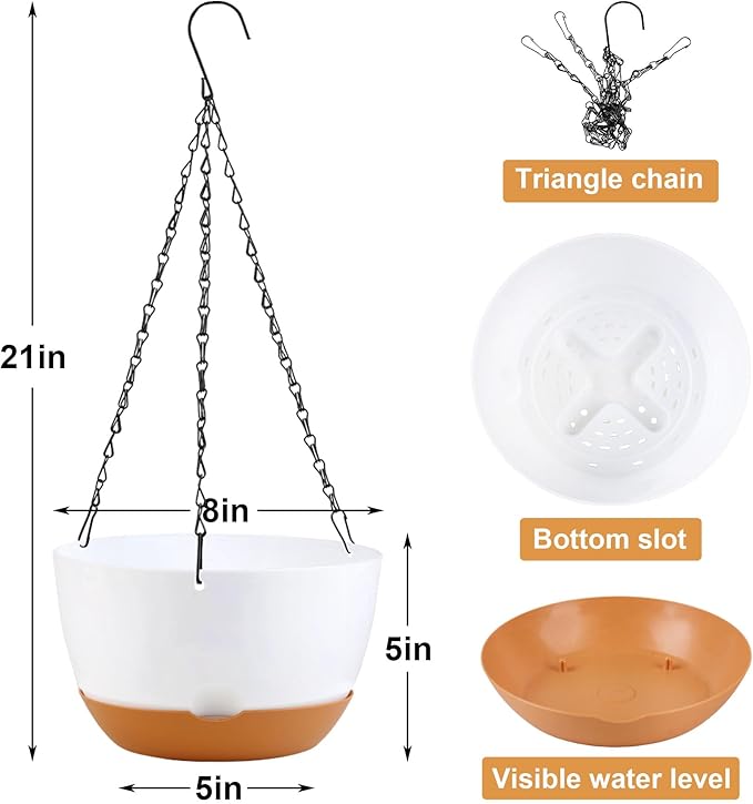 KPUVX 4 Pack Hanging Planter for Plants Indoor,8 Inch Plant Pot Outdoor Plastic Hanging Baskets with Drainage Holes and Chain for Garden Porch Plants(White+Black+Green+Beige)