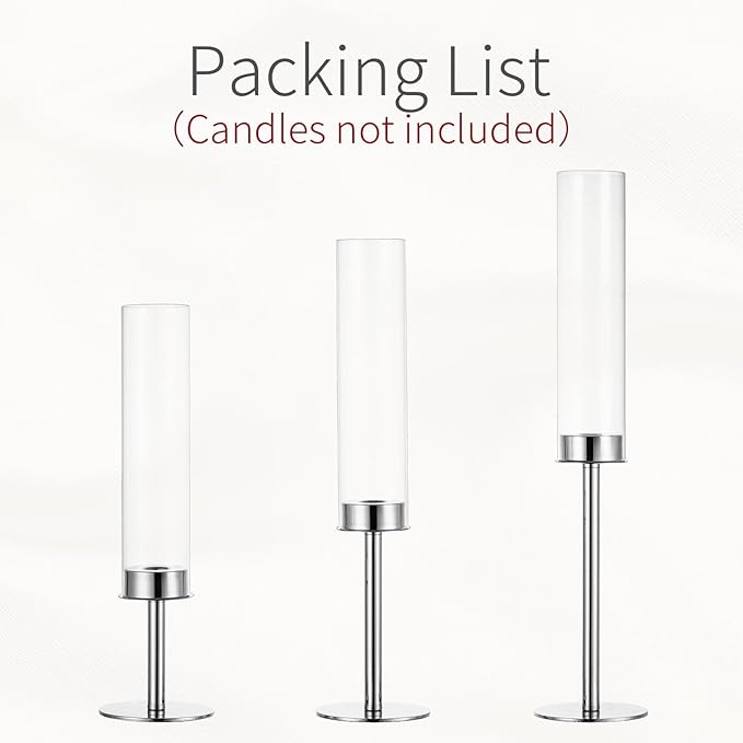 Hurricane Taper Candle Holders: Silver Glass Candlestick Holder Tall Candle Sticks Holder Decor with Glass Cover for Wedding Table Centerpiece Party Birthday Christmas Home Mantel Set of 3