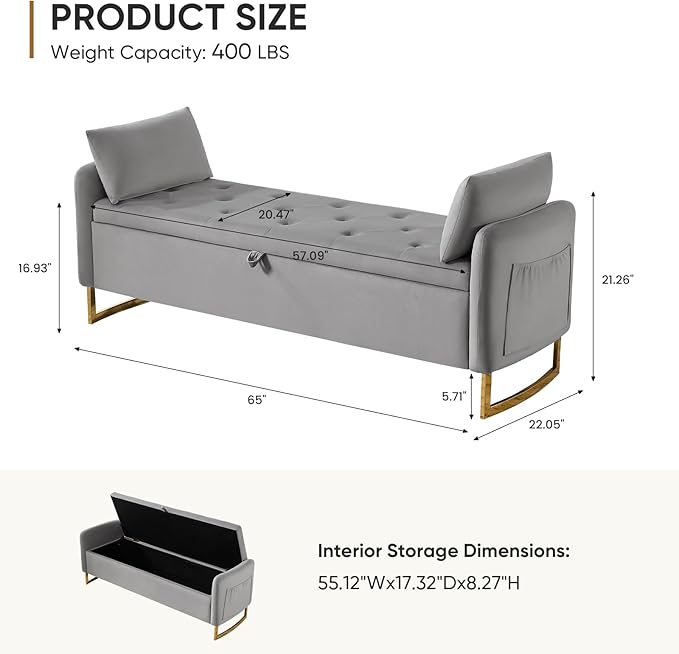 65" Storage Bench for Bedroom, End of Bed Storage Bench King Size with Tufted Button Upholstered and Gold Legs, Ottoman Bedroom Benches with Armrests for Living Room Window, Light Grey