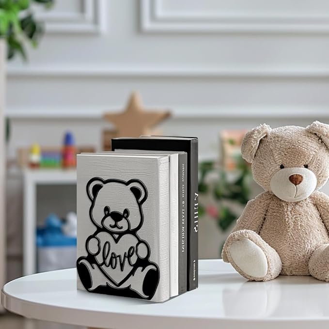 Peacoblue Metal Bookends for Shelves, Modern Decorative Heavy Duty Study Book Ends Stoppers for Office, Desk, Shelf, Room 5.3"x4.3"x6.5" Cast Iron Simple Tall Bookends 1 Pair (Teddy Bears)