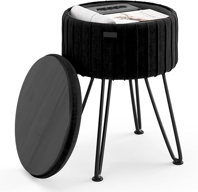 Round Ottoman with Storage, Pleated Velvet Storage Ottoman, Foot Stool Ottomans, Makeup Vanity Stool, Small Ottomans Foot Rest, Modern Vanity Stools for Living Room and Bedroom, Black