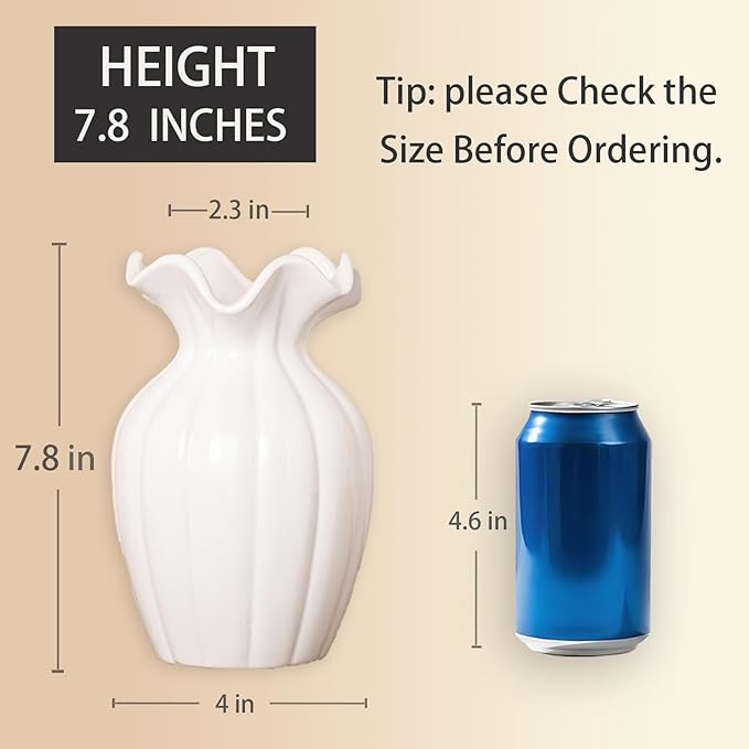 Seasonplan White Ceramic Vase, 8 Inch Flower Vase Home Decor Modern Decorative Vases for Bouquet, Unique Vases for Farmhouse Living Room Cabinet Table Centerpieces Wedding Decorations (White)