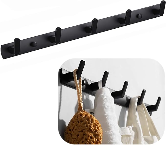 Wall Mounted Coat Racks with 5 Hooks Hanging Holder Towel Rack 17.7"x1.3" Modern Black Hanging for Clothes Entryway Bathroom (5 Hooks)