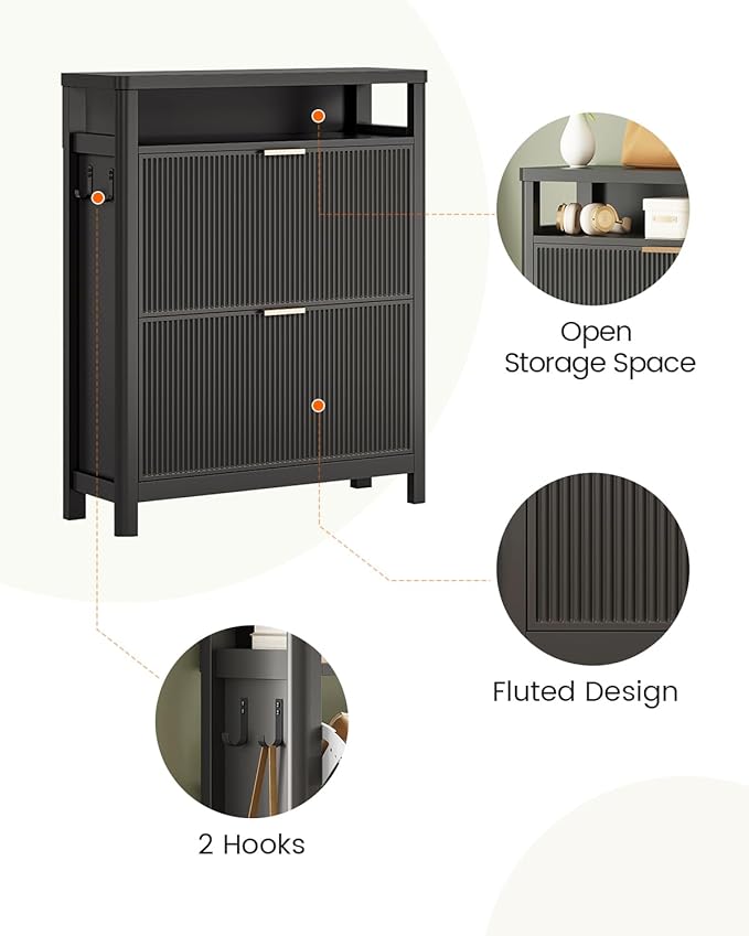 AOGLLATI Shoe Cabinet Storage,Narrow Fluted Shoe Rack Cabinet with 2 Flip Drawers, Wooden Freestanding Organizer with Open Storage Space for Entryway,Black