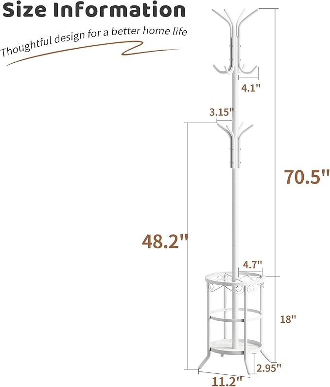 Coat Rack Freestanding with Umbrella Stand with 12 Hooks Metal Coat Tree Coat and Hat Hanger Jacket Entryway Coat Rack (White)