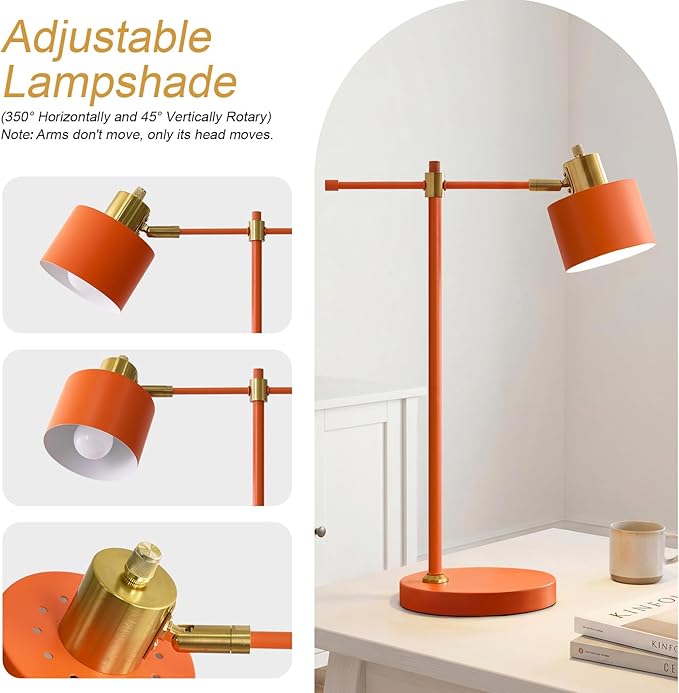OYEARS 22.2" Modern Desk Lamp, Metal Table Lamp with LED Bulb, Adjustable Reading Lamps for Living Room, Mid Century Task Lamp for Home Office, Industrial Bedside Lamps with Solid Base, Orange