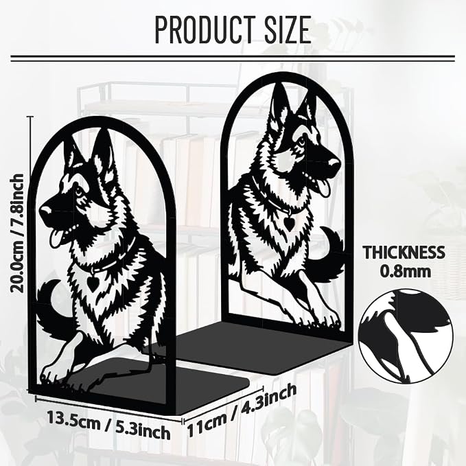 WADORN 1 Pair German Shepherd Metal Decorative Bookend for Shelves, Heavy Duty Book Ends Modern Non-Skid Books Holder Stand Black Book Support Stoppers for Desk Bookshelf Office, 5.3x4.3x7.8 Inch