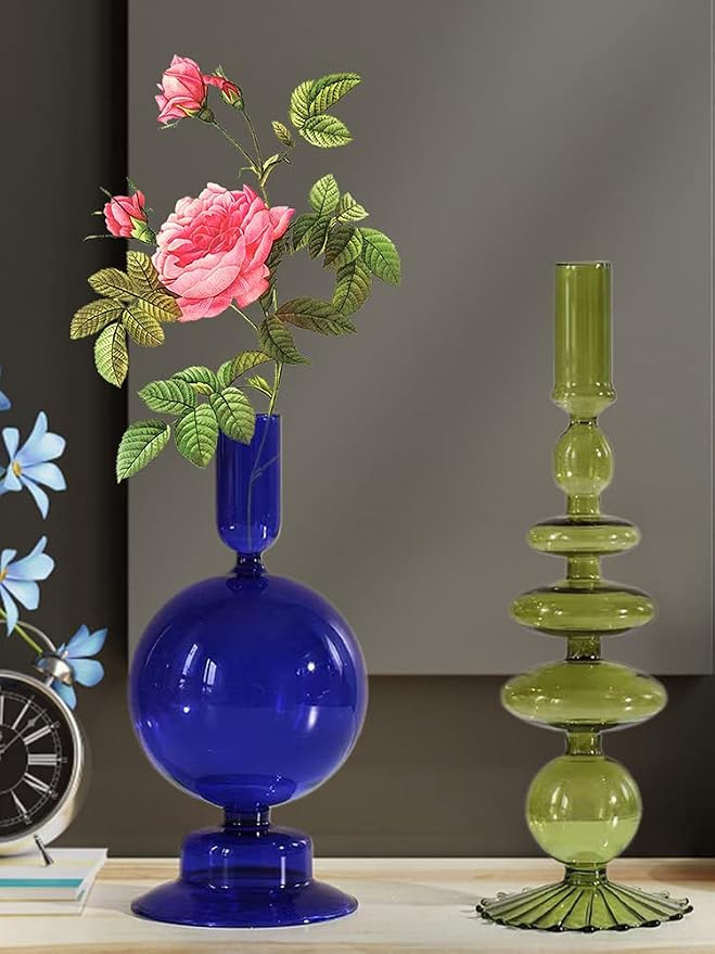 Glass Candlestick Holders Colorful Glass Taper Candle Stand Modern Elegant Candle Stick Candle Holder Glasses Vase Decor for Home Party Centerpiece(Pink A)
