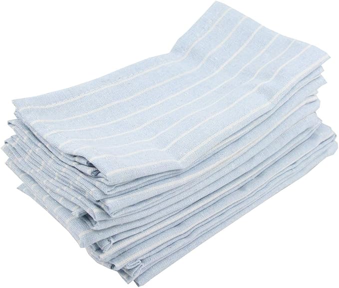 White Striped Linen Cotton Dinner Cloth Napkins - Set of 12 (40 x 30 cm) - for Events & Home Use (Sky Blue)