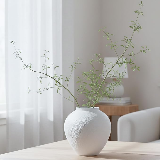 Vintage Stone Textured Ceramic Vase, Minimalist White Flower Vase, Rustic Decorative Centerpiece for Farmhouse, Living Room, Shelf, Dining Table Home Decor,Small-Sized (White Texture 6.3'' Tall)