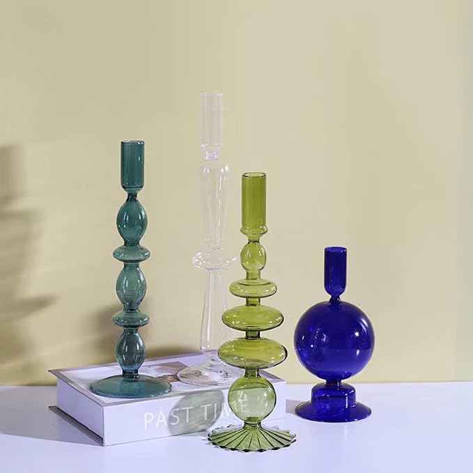 Glass Candlestick Holders Colorful Glass Taper Candle Stand Modern Elegant Candle Stick Candle Holder Glasses Vase Decor for Home Party Centerpiece(Pink A)