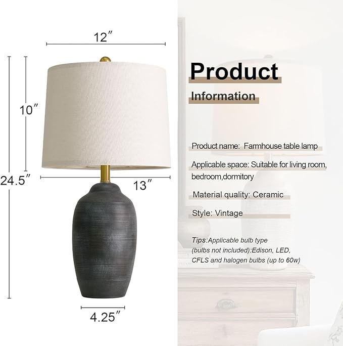 USumkky 24.5" Vintage Ceramic Table Lamp with 5FT Cord- Single Farmhouse Rustic Bedside Lamp with Natural Textured Finish, Nightstand Lamps for Living Room, Bedroom, End Table, Office Retro Black