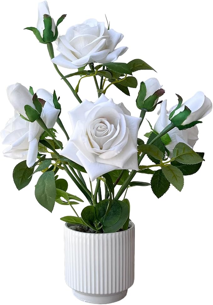 Artificial Rose Plant with Ceramic Vase, White | Silk Roses, Home Decor, Potted Floral Arrangement