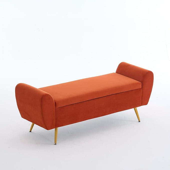 Storage Bench for Bedroom, 55" Extra Long Bench for King Size Bed, Modern Upholstered End of Bed Ottoman Bench with Arms for Entryway Living Room (Velvet, Orange)