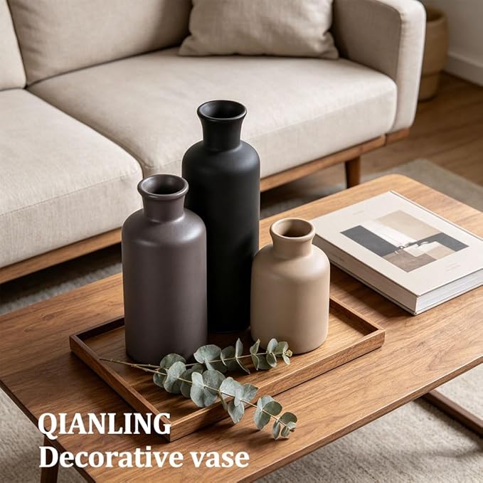 Ceramic Vase Set of 3 - Modern Neutral Vases for Home Decor Rustic Farmhouse Decor Pampas Vase for Table Mantel Entryway Shelf Living Room Kitchen Bathroom