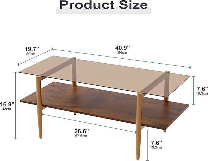 Furnify Glass Coffee Table, Rectangle Living Room Center Table with Golden Legs, Mid-Century Modern Accent Tables with Open Shelf for Living Room, Office, Brown