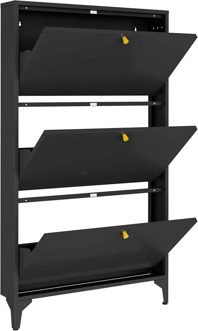Slim Shoe Cabinet with 3 Flip Drawers,Narrow Shoe Cabinet,Freestanding Organizer,Metal Hidden Shoe Storage for Entryway,Hallway,Living Room(Width 27.56, Black)