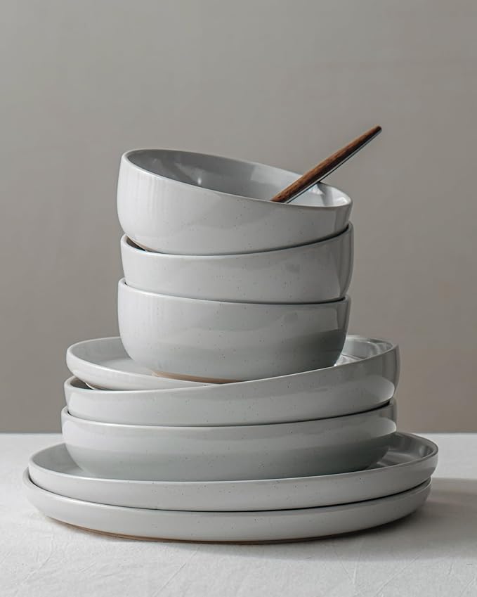 Famiware Milkyway Stoneware Dinnerware Sets with Pasta Bowls, Service for 4 (16 Pieces), Plates and Bowls Sets -Scratch Resistant, Microwave and Dishwasher Safe Dishes Set, Light Gray