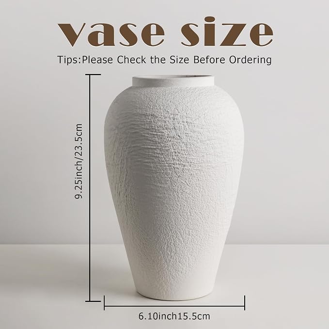 Vintage Stone Textured Ceramic Vase, Minimalist White Flower Vase, Rustic Decorative Centerpiece for Farmhouse, Living Room, Shelf, Dining Table Home Decor, Medium-Sized (White Texture 9.3'' Tall)