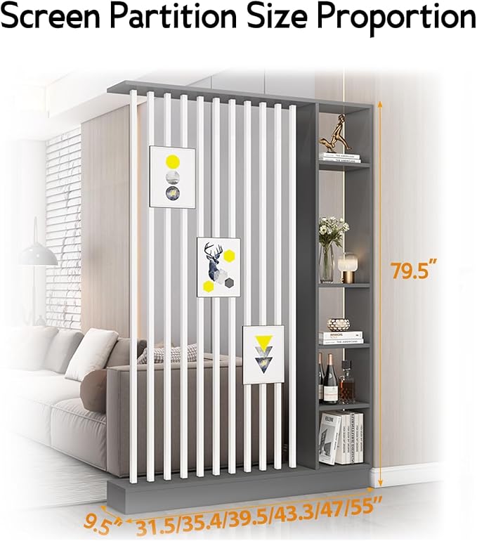 Wall Room Divider, Storage Cabinet Storage Display with Shelves, Modern Freestanding Wood Room Divider Screen, Wall Privacy Screens for Home Decorative (Grey+White,39.5" L x 9.5" W x 79.5" H)